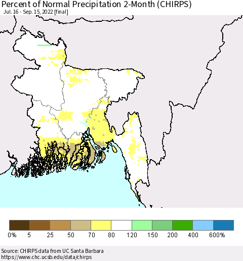 Bangladesh Percent of Normal Precipitation 2-Month (CHIRPS) Thematic Map For 7/16/2022 - 9/15/2022