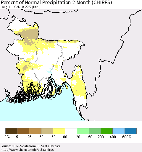 Bangladesh Percent of Normal Precipitation 2-Month (CHIRPS) Thematic Map For 8/11/2022 - 10/10/2022