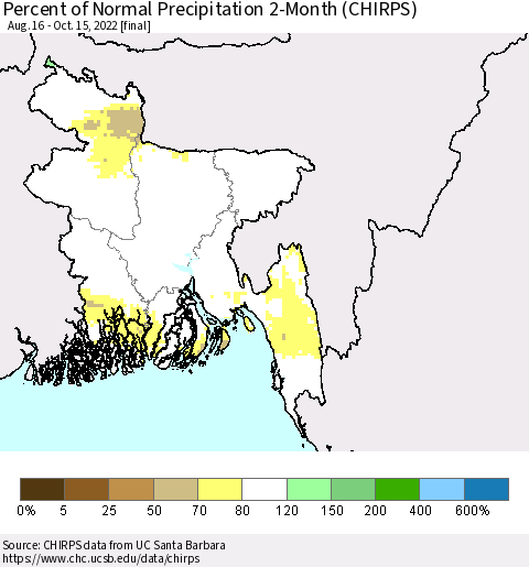 Bangladesh Percent of Normal Precipitation 2-Month (CHIRPS) Thematic Map For 8/16/2022 - 10/15/2022