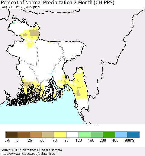 Bangladesh Percent of Normal Precipitation 2-Month (CHIRPS) Thematic Map For 8/21/2022 - 10/20/2022