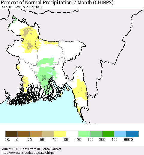 Bangladesh Percent of Normal Precipitation 2-Month (CHIRPS) Thematic Map For 9/16/2022 - 11/15/2022