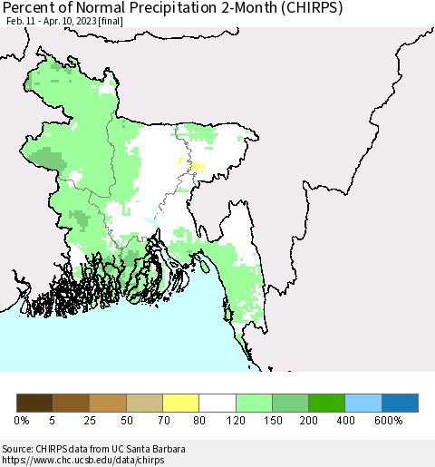 Bangladesh Percent of Normal Precipitation 2-Month (CHIRPS) Thematic Map For 2/11/2023 - 4/10/2023