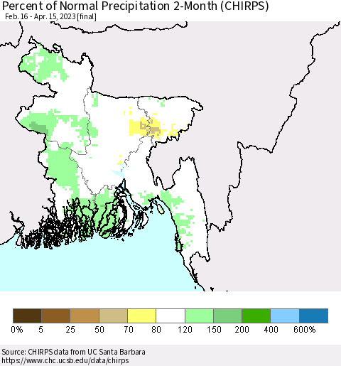 Bangladesh Percent of Normal Precipitation 2-Month (CHIRPS) Thematic Map For 2/16/2023 - 4/15/2023
