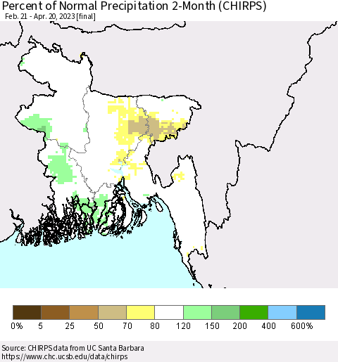 Bangladesh Percent of Normal Precipitation 2-Month (CHIRPS) Thematic Map For 2/21/2023 - 4/20/2023