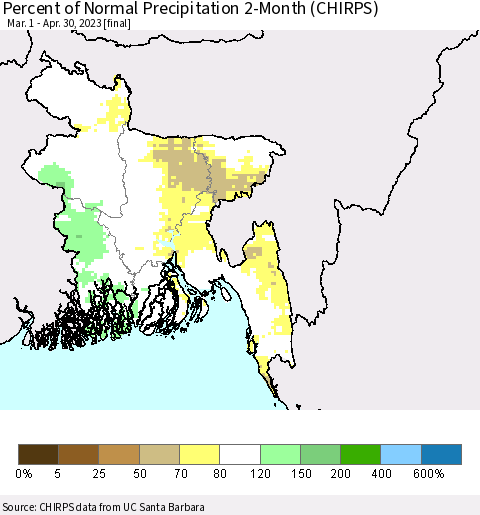 Bangladesh Percent of Normal Precipitation 2-Month (CHIRPS) Thematic Map For 3/1/2023 - 4/30/2023