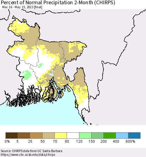 Bangladesh Percent of Normal Precipitation 2-Month (CHIRPS) Thematic Map For 3/16/2023 - 5/15/2023