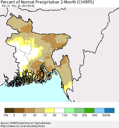 Bangladesh Percent of Normal Precipitation 2-Month (CHIRPS) Thematic Map For 3/21/2023 - 5/20/2023