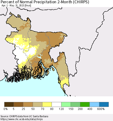 Bangladesh Percent of Normal Precipitation 2-Month (CHIRPS) Thematic Map For 4/1/2023 - 5/31/2023
