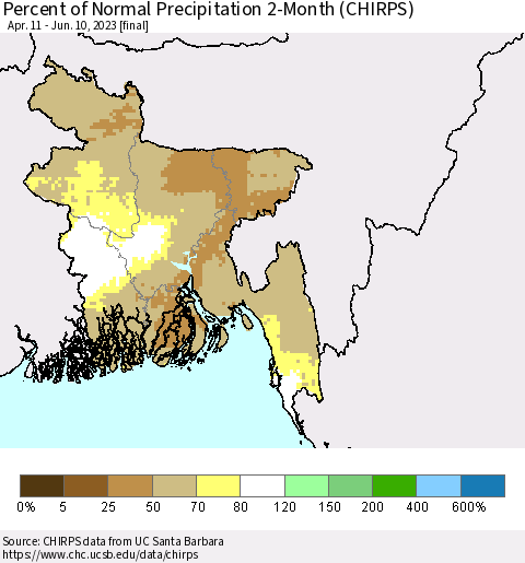Bangladesh Percent of Normal Precipitation 2-Month (CHIRPS) Thematic Map For 4/11/2023 - 6/10/2023