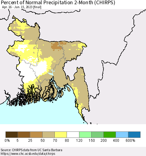 Bangladesh Percent of Normal Precipitation 2-Month (CHIRPS) Thematic Map For 4/16/2023 - 6/15/2023