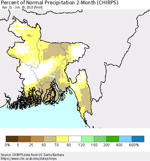 Bangladesh Percent of Normal Precipitation 2-Month (CHIRPS) Thematic Map For 4/21/2023 - 6/20/2023