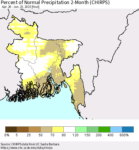 Bangladesh Percent of Normal Precipitation 2-Month (CHIRPS) Thematic Map For 4/26/2023 - 6/25/2023