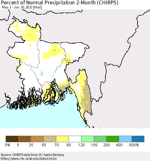 Bangladesh Percent of Normal Precipitation 2-Month (CHIRPS) Thematic Map For 5/1/2023 - 6/30/2023