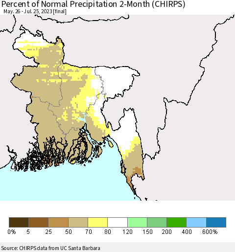 Bangladesh Percent of Normal Precipitation 2-Month (CHIRPS) Thematic Map For 5/26/2023 - 7/25/2023