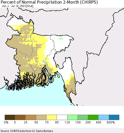 Bangladesh Percent of Normal Precipitation 2-Month (CHIRPS) Thematic Map For 6/1/2023 - 7/31/2023