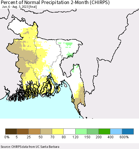 Bangladesh Percent of Normal Precipitation 2-Month (CHIRPS) Thematic Map For 6/6/2023 - 8/5/2023