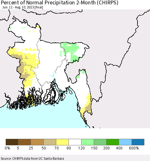 Bangladesh Percent of Normal Precipitation 2-Month (CHIRPS) Thematic Map For 6/11/2023 - 8/10/2023