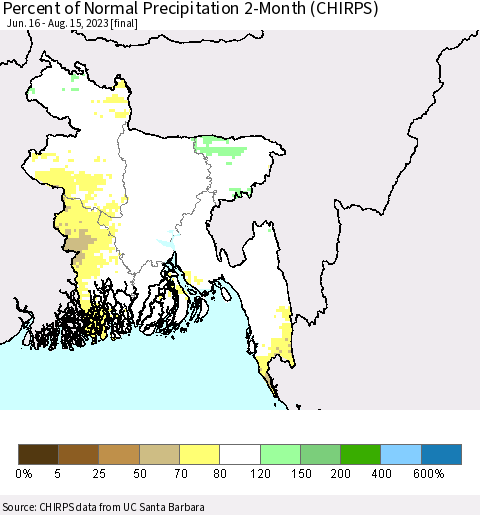 Bangladesh Percent of Normal Precipitation 2-Month (CHIRPS) Thematic Map For 6/16/2023 - 8/15/2023