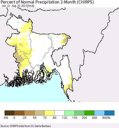Bangladesh Percent of Normal Precipitation 2-Month (CHIRPS) Thematic Map For 6/21/2023 - 8/20/2023