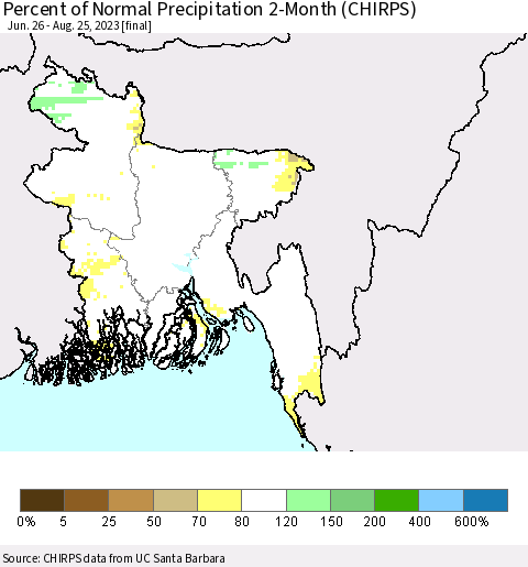 Bangladesh Percent of Normal Precipitation 2-Month (CHIRPS) Thematic Map For 6/26/2023 - 8/25/2023