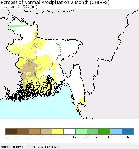 Bangladesh Percent of Normal Precipitation 2-Month (CHIRPS) Thematic Map For 7/1/2023 - 8/31/2023