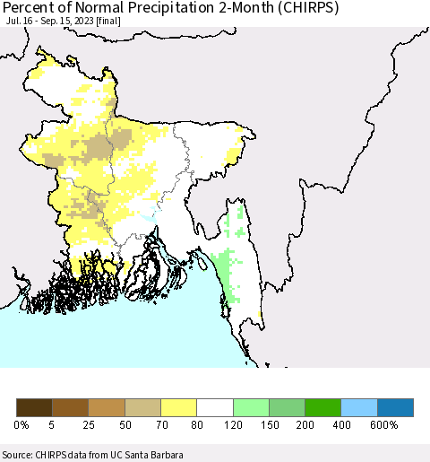 Bangladesh Percent of Normal Precipitation 2-Month (CHIRPS) Thematic Map For 7/16/2023 - 9/15/2023