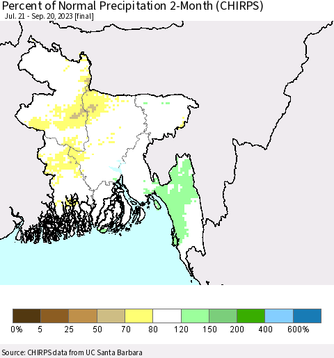 Bangladesh Percent of Normal Precipitation 2-Month (CHIRPS) Thematic Map For 7/21/2023 - 9/20/2023