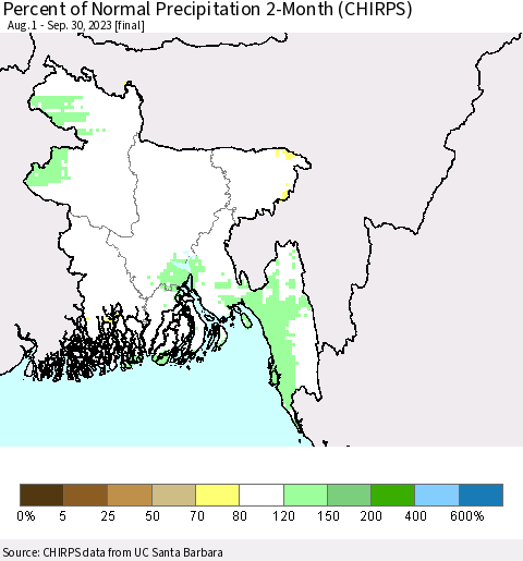 Bangladesh Percent of Normal Precipitation 2-Month (CHIRPS) Thematic Map For 8/1/2023 - 9/30/2023