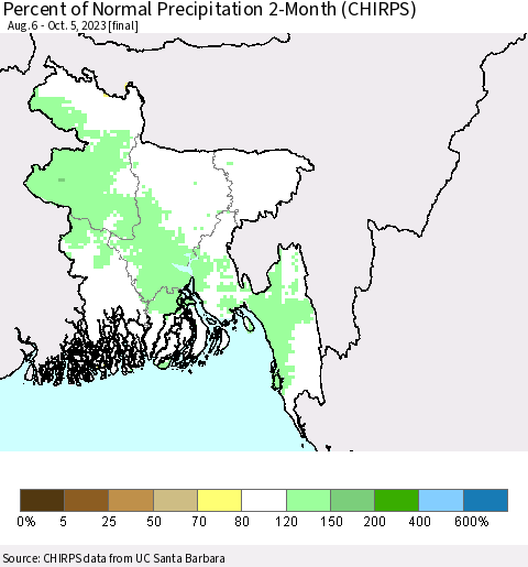 Bangladesh Percent of Normal Precipitation 2-Month (CHIRPS) Thematic Map For 8/6/2023 - 10/5/2023