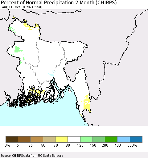 Bangladesh Percent of Normal Precipitation 2-Month (CHIRPS) Thematic Map For 8/11/2023 - 10/10/2023