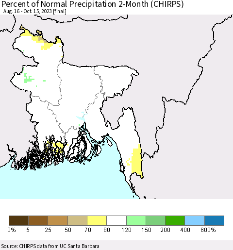 Bangladesh Percent of Normal Precipitation 2-Month (CHIRPS) Thematic Map For 8/16/2023 - 10/15/2023