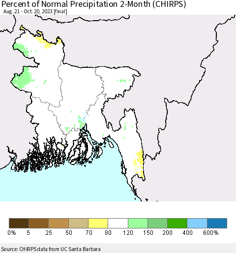 Bangladesh Percent of Normal Precipitation 2-Month (CHIRPS) Thematic Map For 8/21/2023 - 10/20/2023