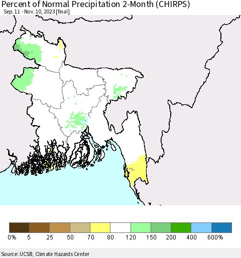 Bangladesh Percent of Normal Precipitation 2-Month (CHIRPS) Thematic Map For 9/11/2023 - 11/10/2023