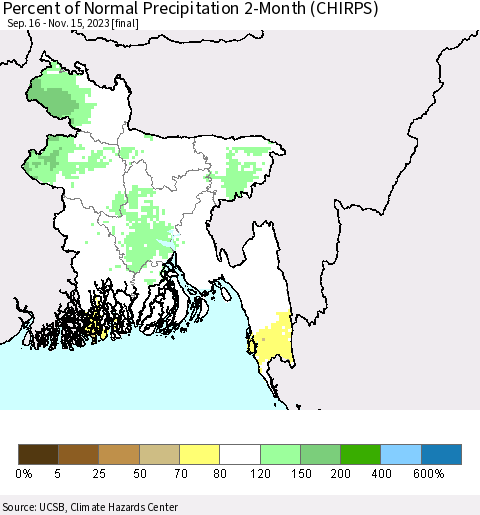Bangladesh Percent of Normal Precipitation 2-Month (CHIRPS) Thematic Map For 9/16/2023 - 11/15/2023