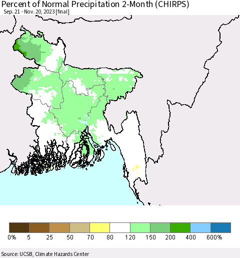 Bangladesh Percent of Normal Precipitation 2-Month (CHIRPS) Thematic Map For 9/21/2023 - 11/20/2023