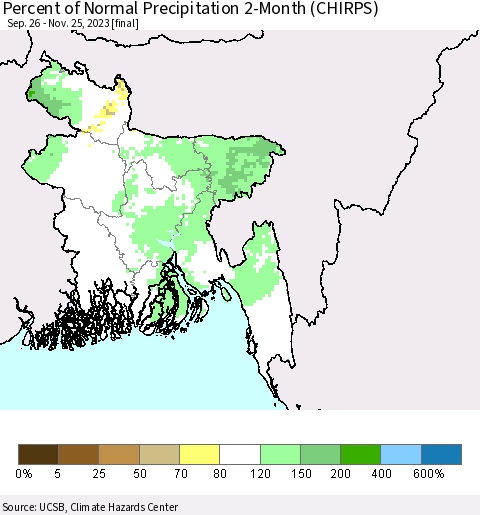 Bangladesh Percent of Normal Precipitation 2-Month (CHIRPS) Thematic Map For 9/26/2023 - 11/25/2023