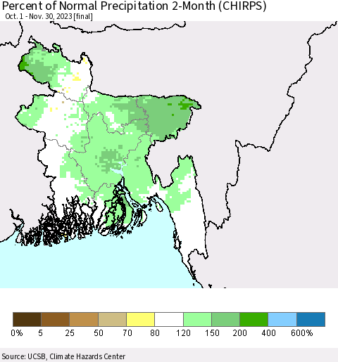 Bangladesh Percent of Normal Precipitation 2-Month (CHIRPS) Thematic Map For 10/1/2023 - 11/30/2023