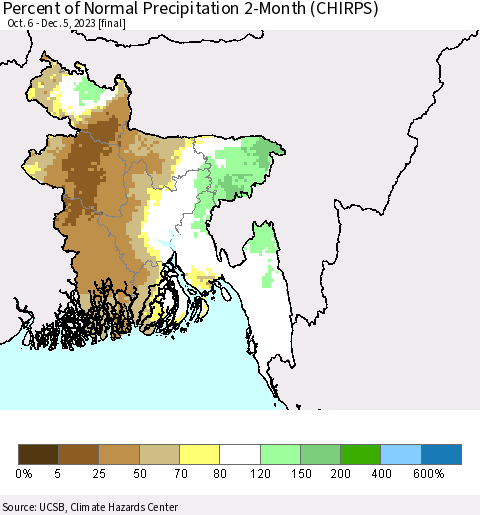 Bangladesh Percent of Normal Precipitation 2-Month (CHIRPS) Thematic Map For 10/6/2023 - 12/5/2023