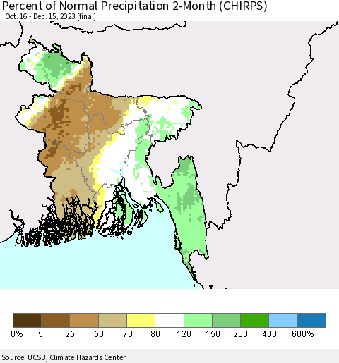 Bangladesh Percent of Normal Precipitation 2-Month (CHIRPS) Thematic Map For 10/16/2023 - 12/15/2023
