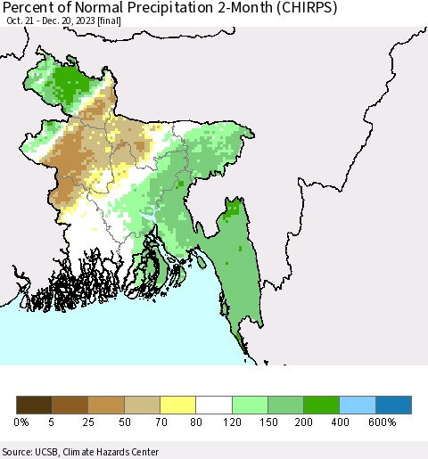 Bangladesh Percent of Normal Precipitation 2-Month (CHIRPS) Thematic Map For 10/21/2023 - 12/20/2023