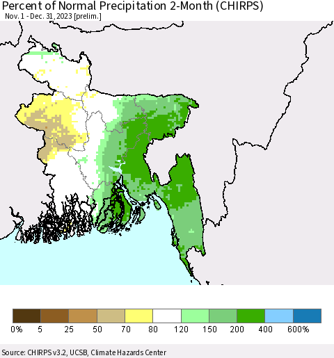 Bangladesh Percent of Normal Precipitation 2-Month (CHIRPS) Thematic Map For 11/1/2023 - 12/31/2023