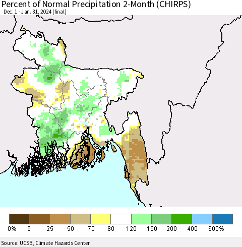 Bangladesh Percent of Normal Precipitation 2-Month (CHIRPS) Thematic Map For 12/1/2023 - 1/31/2024