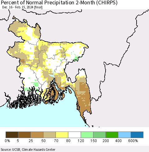 Bangladesh Percent of Normal Precipitation 2-Month (CHIRPS) Thematic Map For 12/16/2023 - 2/15/2024