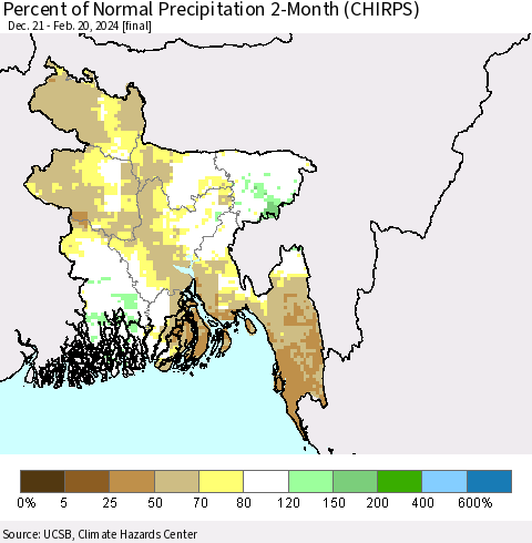 Bangladesh Percent of Normal Precipitation 2-Month (CHIRPS) Thematic Map For 12/21/2023 - 2/20/2024