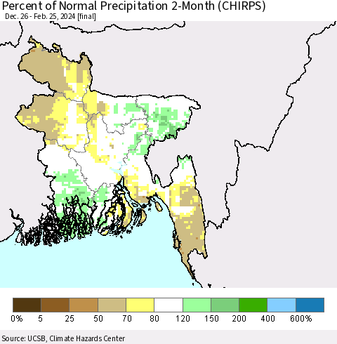 Bangladesh Percent of Normal Precipitation 2-Month (CHIRPS) Thematic Map For 12/26/2023 - 2/25/2024