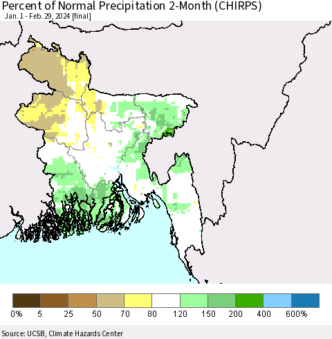 Bangladesh Percent of Normal Precipitation 2-Month (CHIRPS) Thematic Map For 1/1/2024 - 2/29/2024