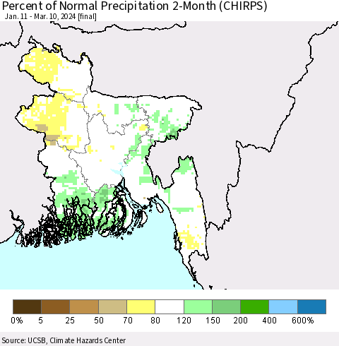 Bangladesh Percent of Normal Precipitation 2-Month (CHIRPS) Thematic Map For 1/11/2024 - 3/10/2024