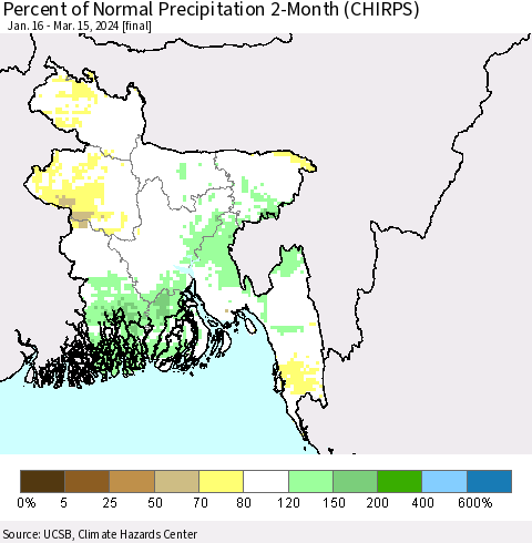 Bangladesh Percent of Normal Precipitation 2-Month (CHIRPS) Thematic Map For 1/16/2024 - 3/15/2024