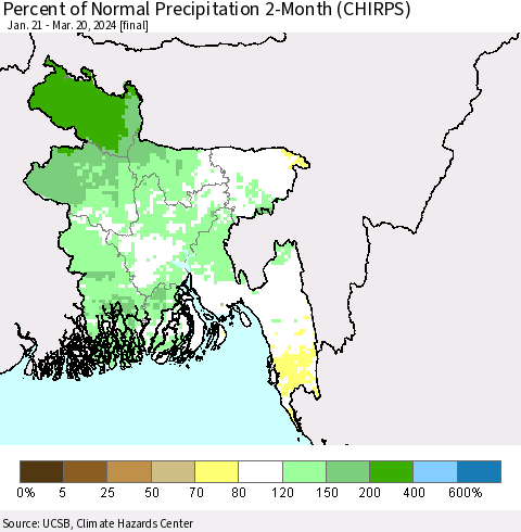 Bangladesh Percent of Normal Precipitation 2-Month (CHIRPS) Thematic Map For 1/21/2024 - 3/20/2024