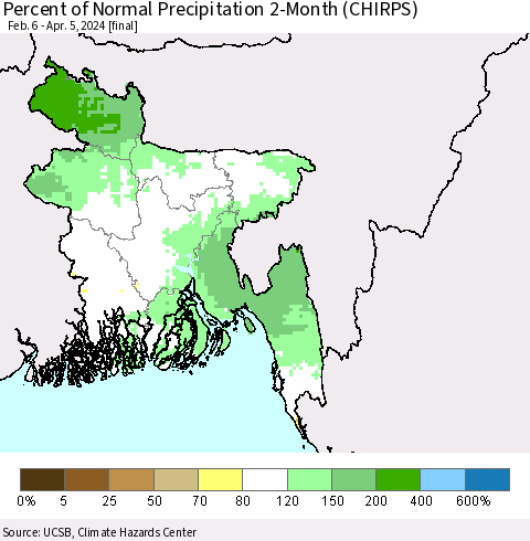 Bangladesh Percent of Normal Precipitation 2-Month (CHIRPS) Thematic Map For 2/6/2024 - 4/5/2024